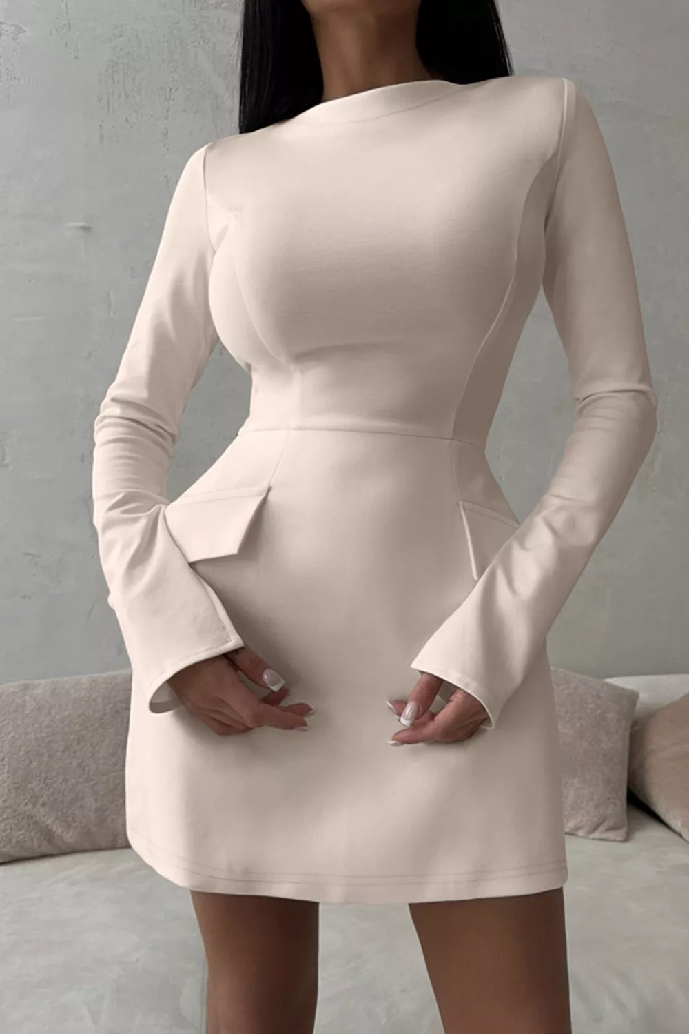Long-Sleeve Mini Dress with Flap Pockets - Draped in Grace