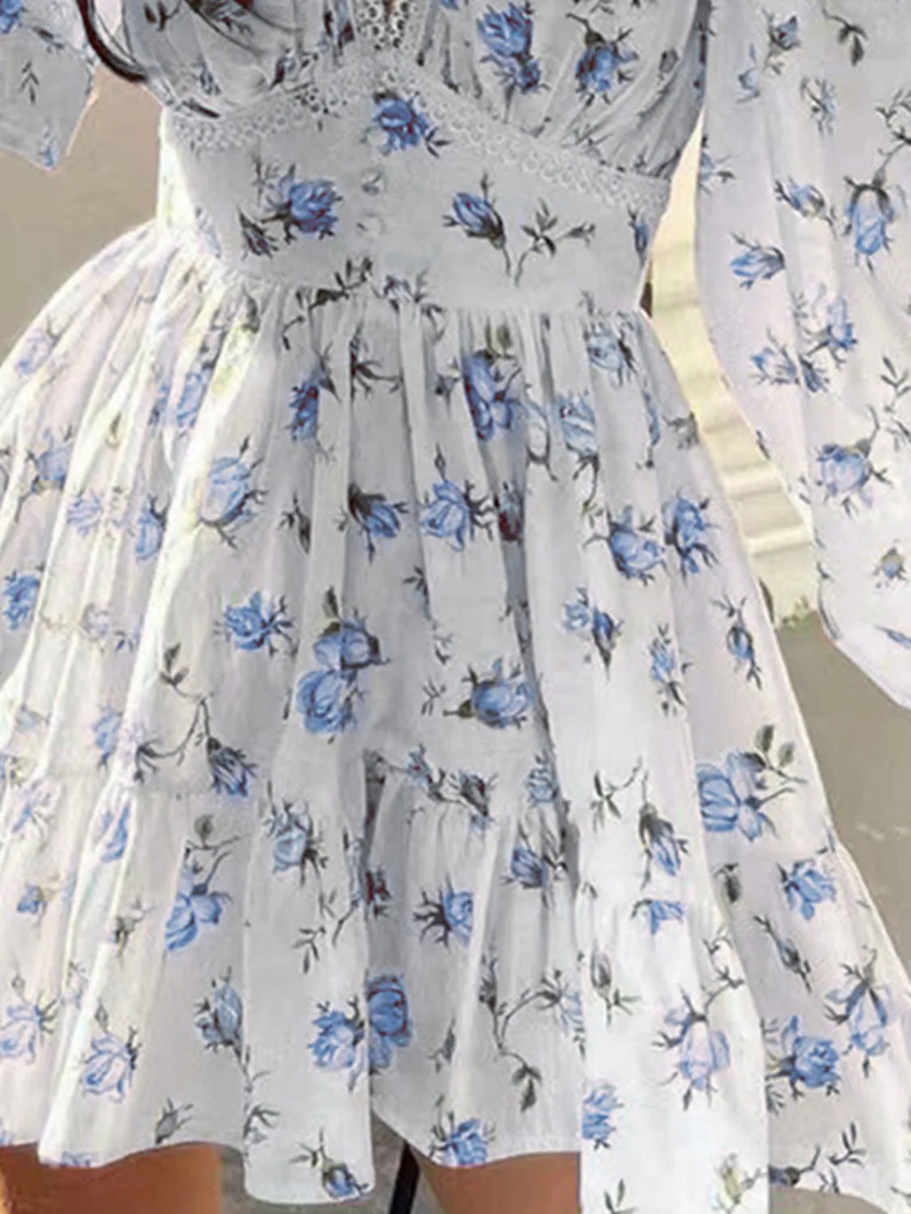 Lace Detail V-Neck Balloon Sleeve Dress - Draped in Grace