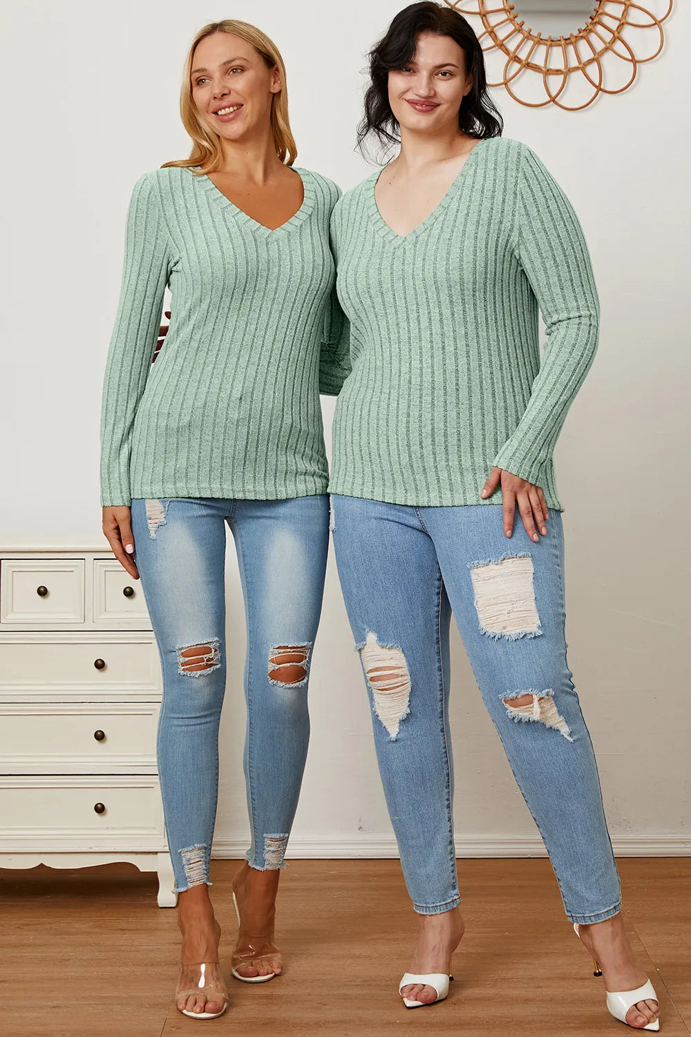 Basic Bae Full Size Ribbed V-Neck Long Sleeve T-Shirt - Draped in Grace