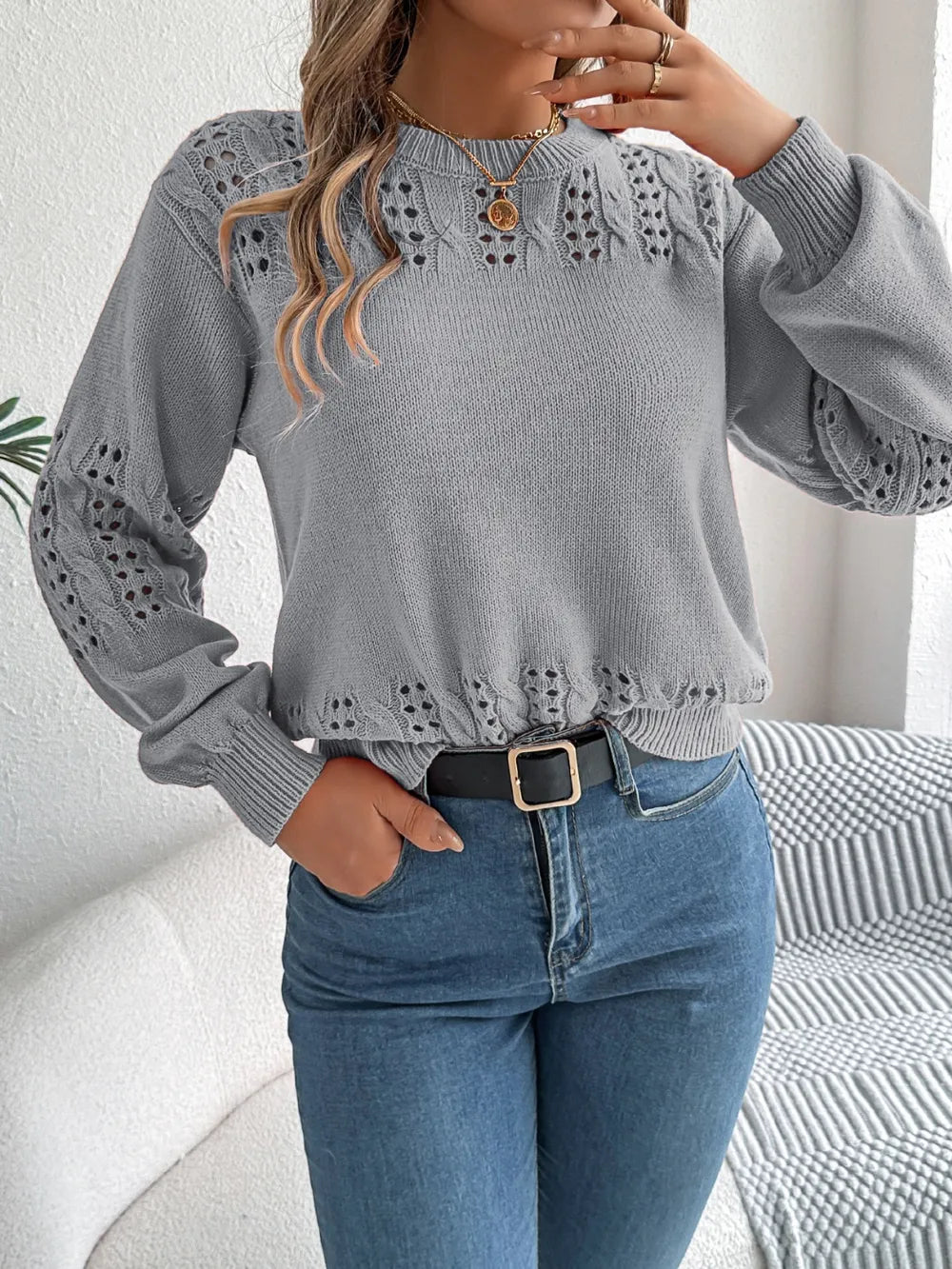 Openwork Round Neck Long Sleeve Sweater - Draped in Grace