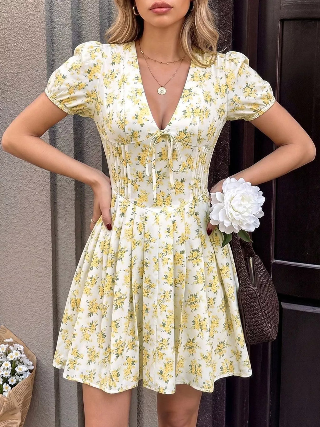 Floral Print V-Neck Puff Sleeve Mini Dress - Draped in Grace