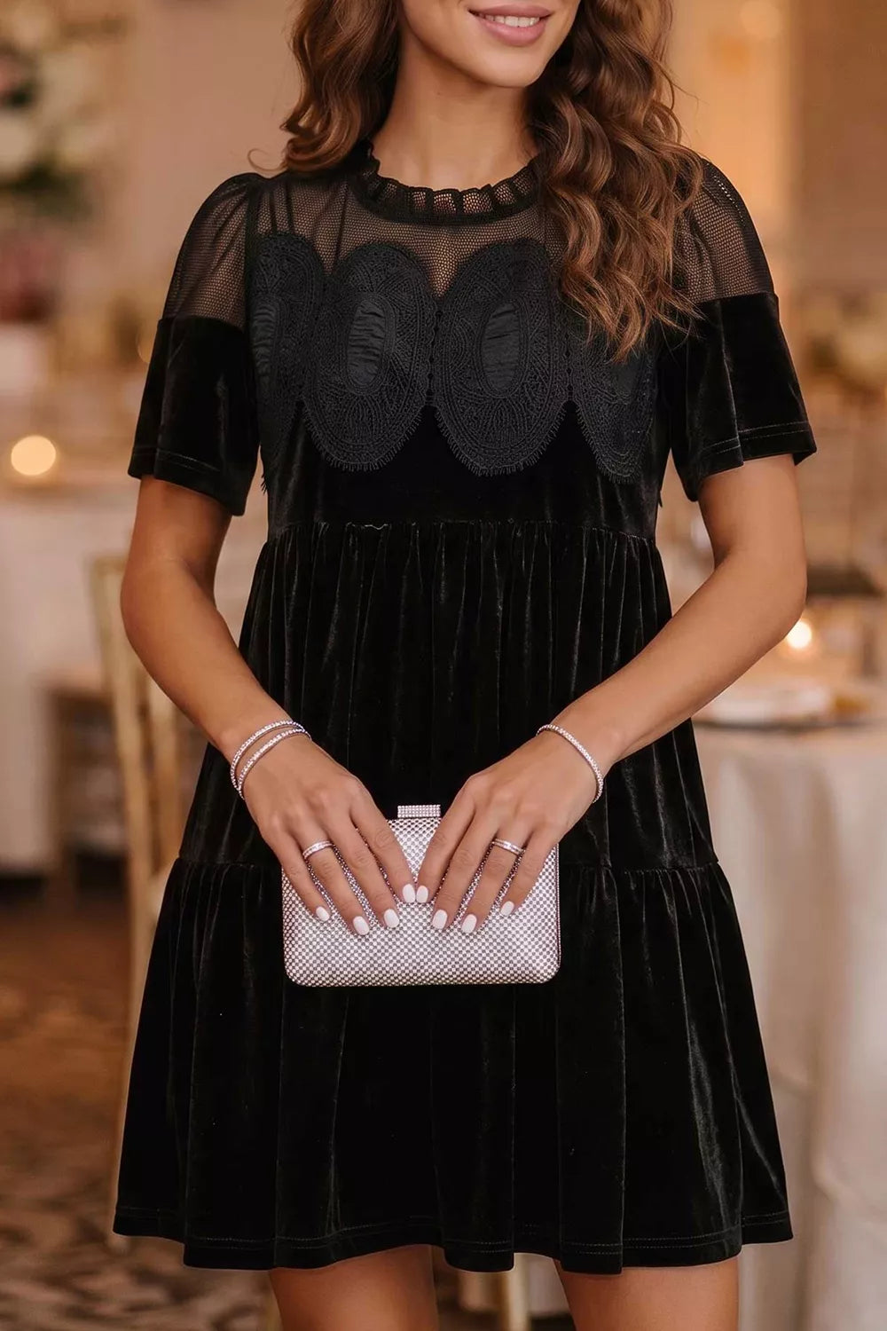 Embroidered Velvet Short Sleeve Mini Shift Dress - Draped in Grace