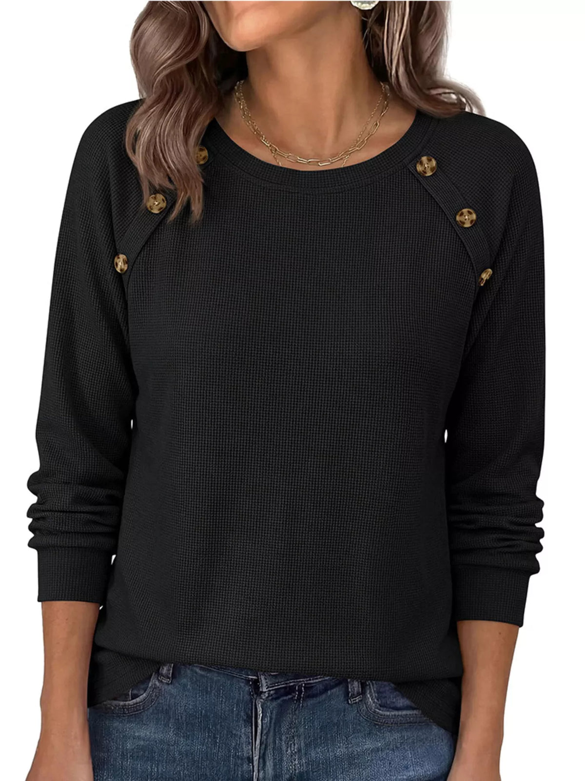 Decorative Button Waffle Knit Long Sleeve T-Shirt - Draped in Grace
