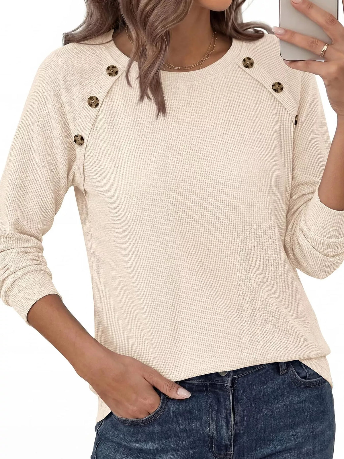 Decorative Button Waffle Knit Long Sleeve T-Shirt - Draped in Grace
