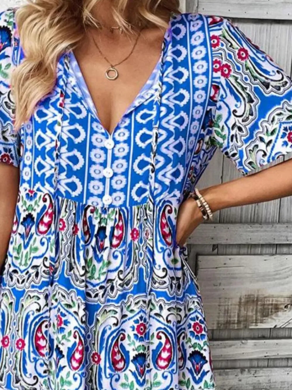 Printed Tie Neck Short Sleeve Dress - Draped in Grace
