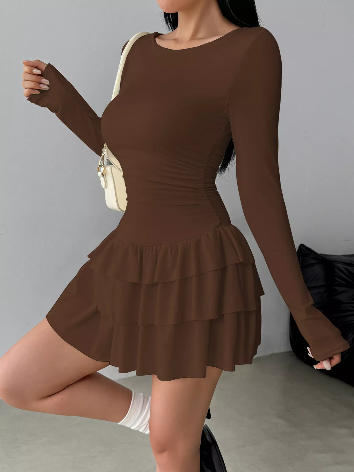 Ruched Long Sleeve Layered Ruffle Mini Dress - Draped in Grace
