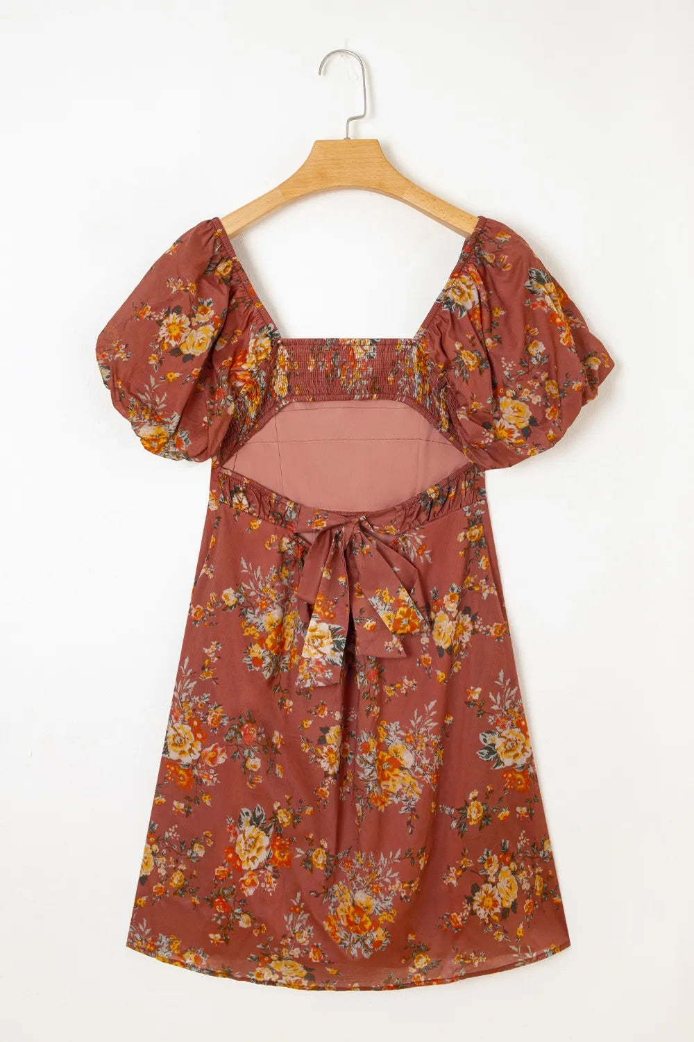 Floral Puff Sleeve Square Neck Knot Open Back Mini Dress - Draped in Grace