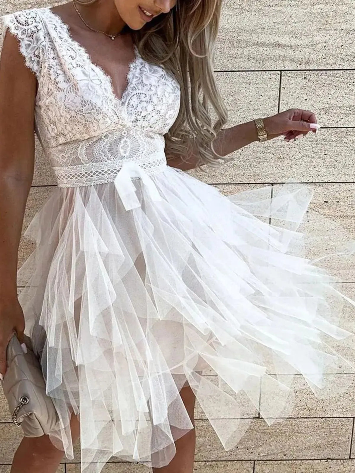 Lace Bodice Layered Tulle Dress - Draped in Grace