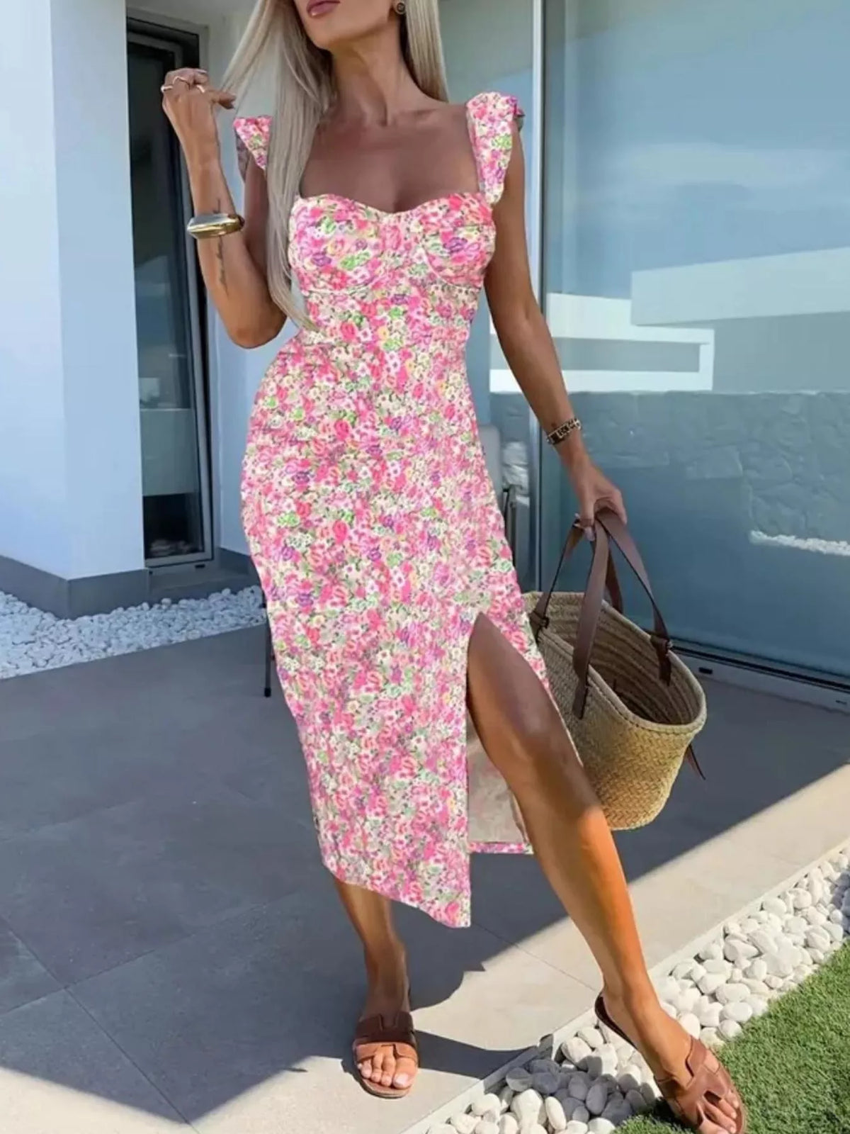 Slit Sweetheart Neck Midi Dress - Draped in Grace