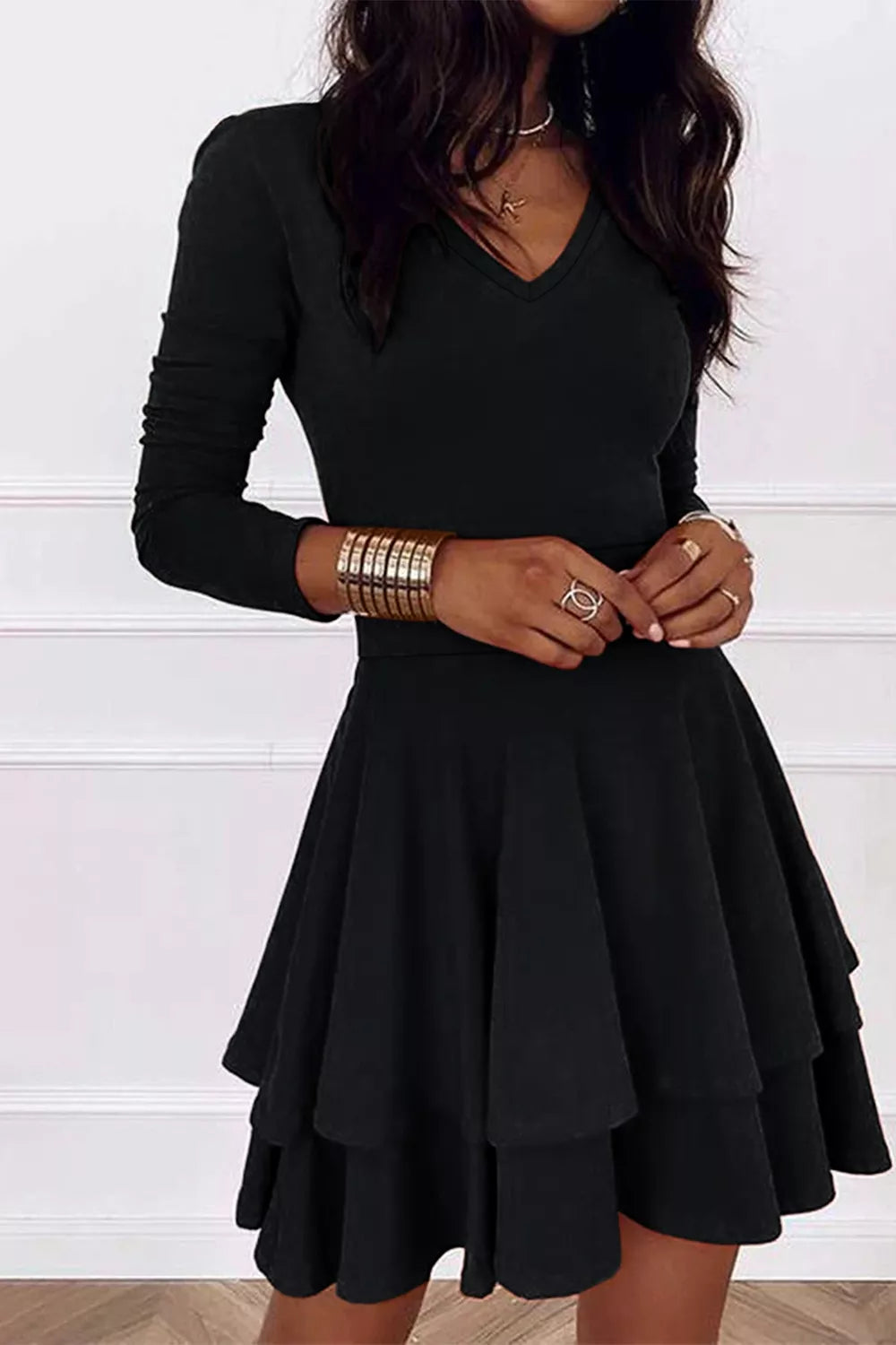 Layered Long Sleeve V-Neck Mini Dress - Draped in Grace