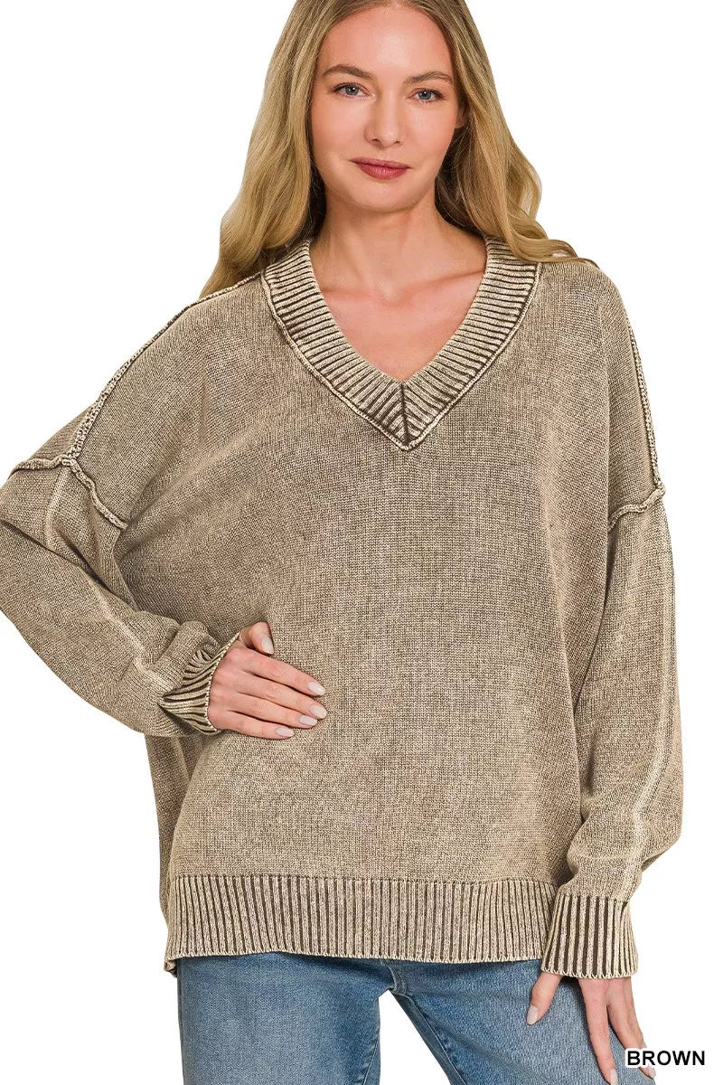 Zenana Washed Deep V-neck Oversized Sweater - Draped in Grace