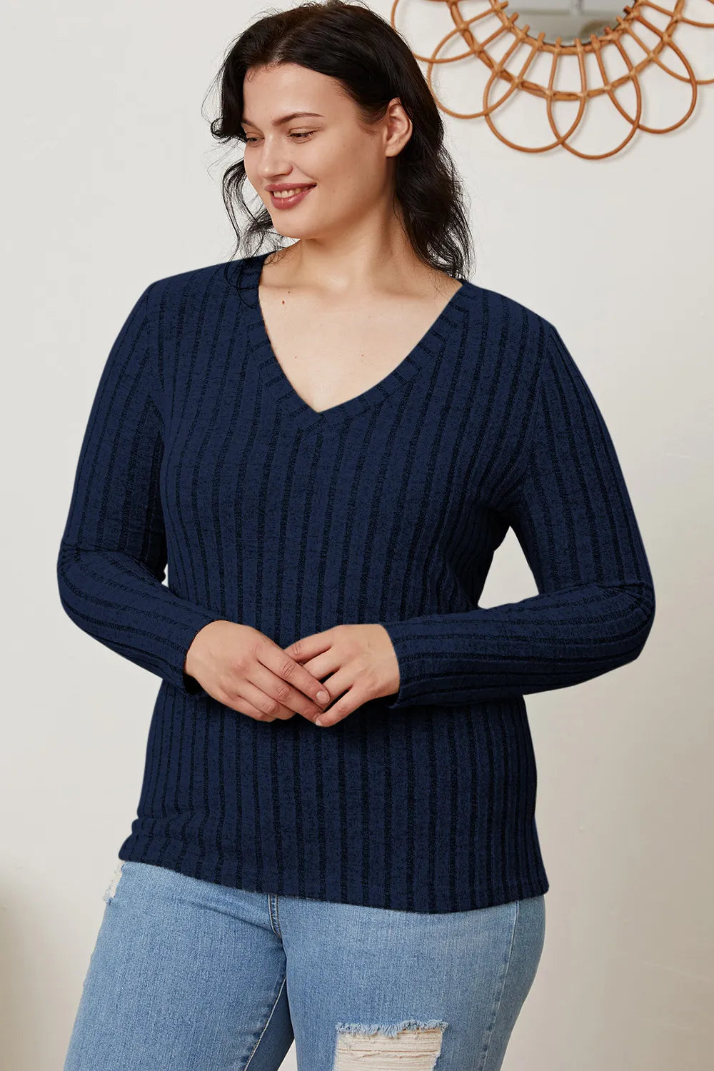 Basic Bae Full Size Ribbed V-Neck Long Sleeve T-Shirt - Draped in Grace