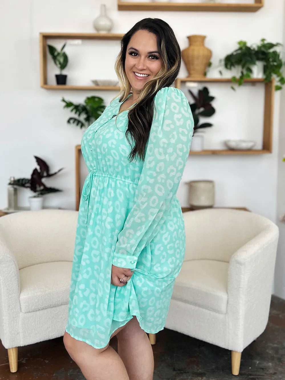 Double Take Full Size Printed Ruched V-Neck Long Sleeve Dress - Draped in Grace
