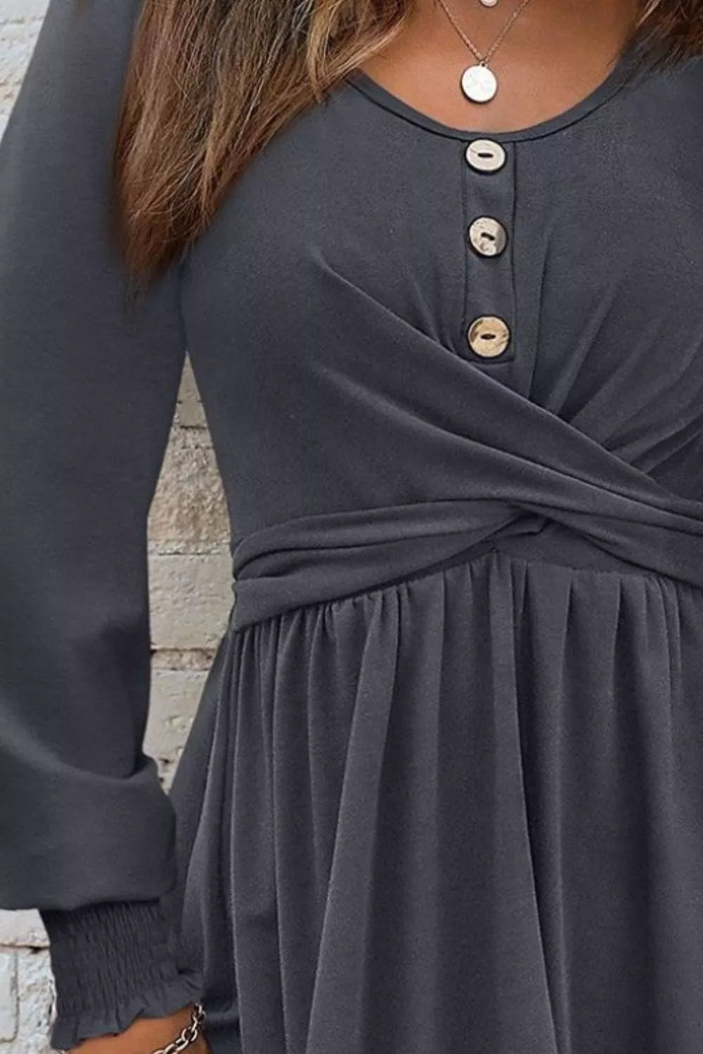 Shirred Cuff Long Sleeve Button Round Neck Mini Dress - Draped in Grace