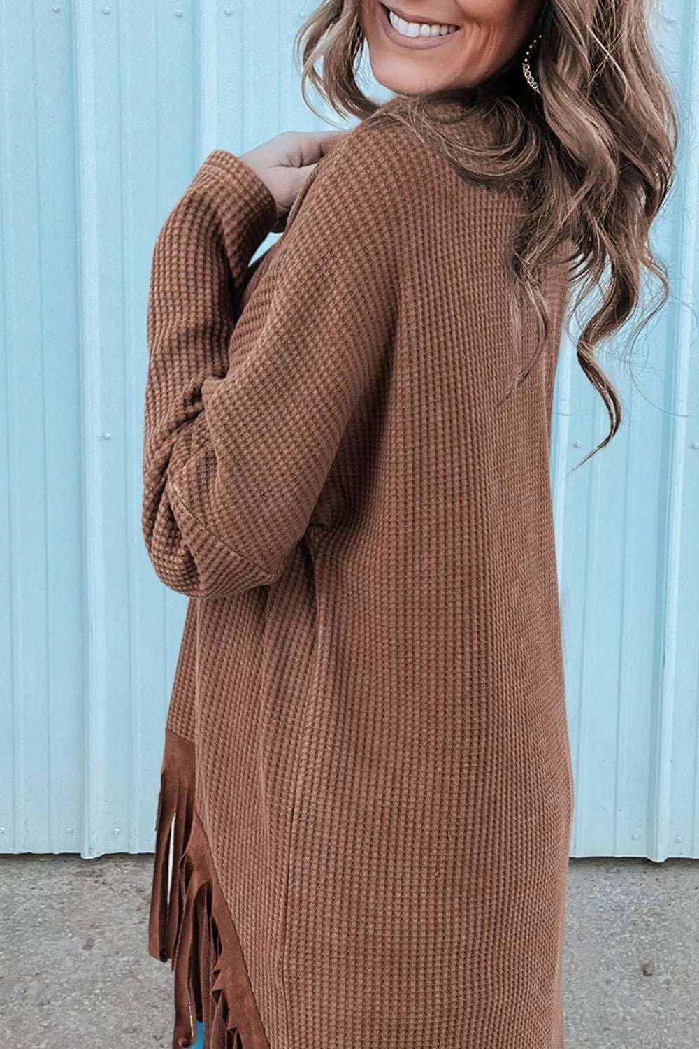 Waffle Knit Fringed High Low Loose Top - Draped in Grace