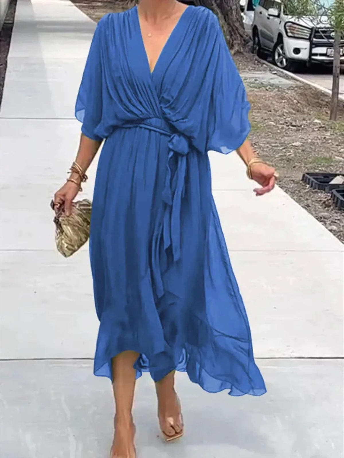 Full Size Flowy Tie Front Midi Dress with Flutter Sleeves Plus Size - Draped in Grace
