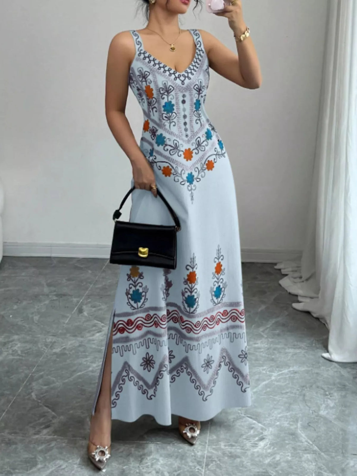Floral Sleeveless Maxi Dress with Side Slit - Draped in Grace