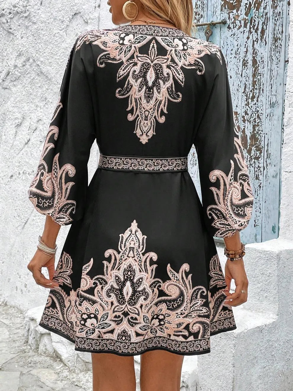 Paisley V-Neck 3/4 Sleeve Mini Dress - Draped in Grace
