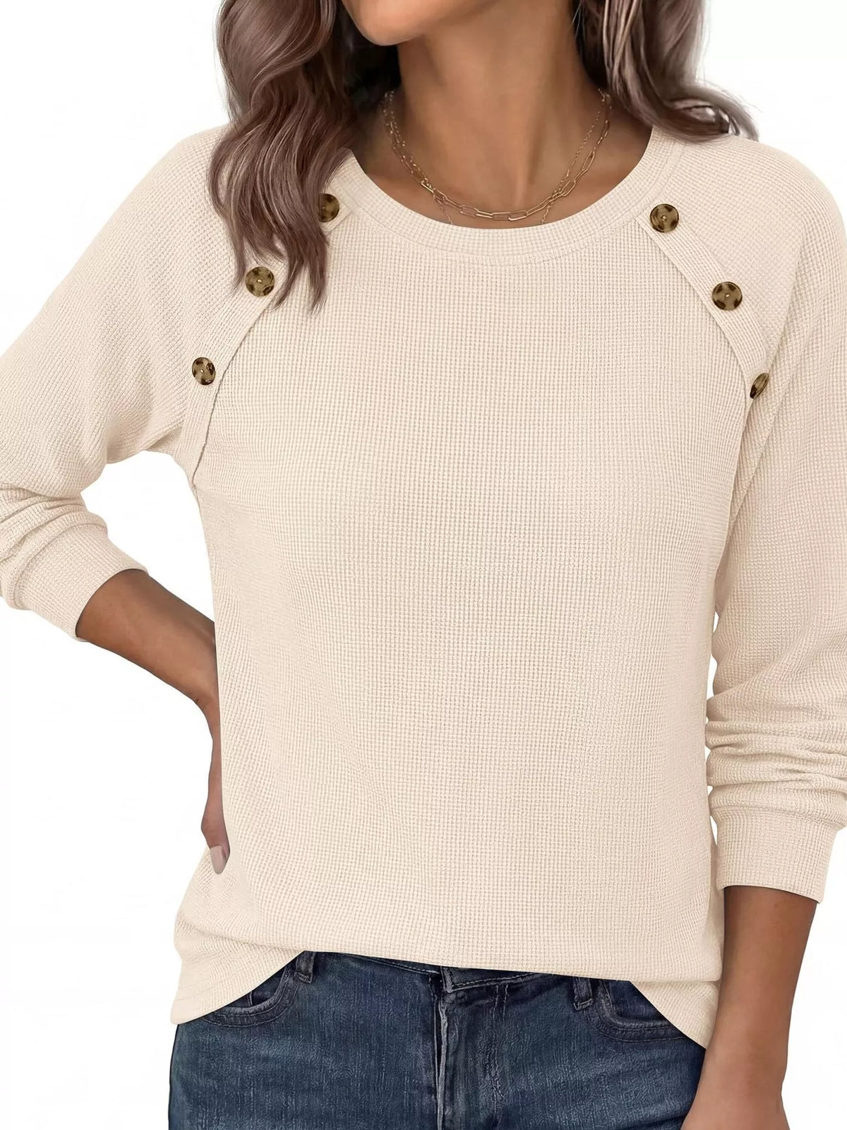 Decorative Button Waffle Knit Long Sleeve T-Shirt - Draped in Grace