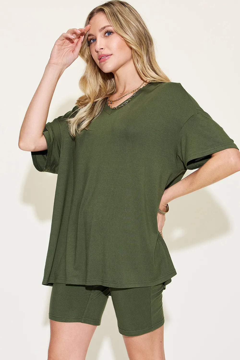 Basic Bae Full Size V-Neck Drop Shoulder T-Shirt and Shorts Set - Draped in Grace