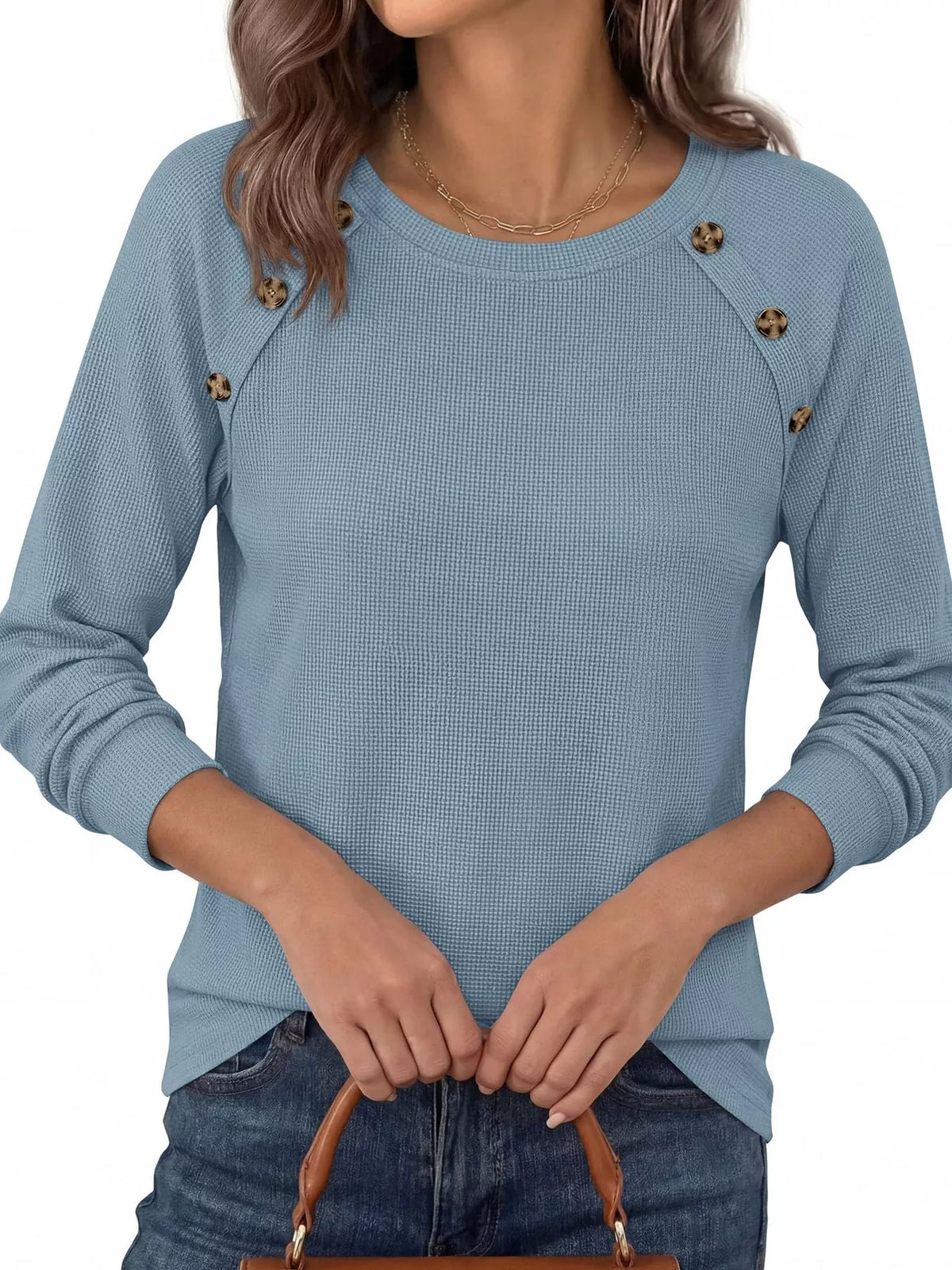 Decorative Button Waffle Knit Long Sleeve T-Shirt - Draped in Grace