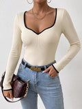 Ribbed Sweetheart Neckline Contrast Trim Long Sleeve Bodysuit - Draped in Grace