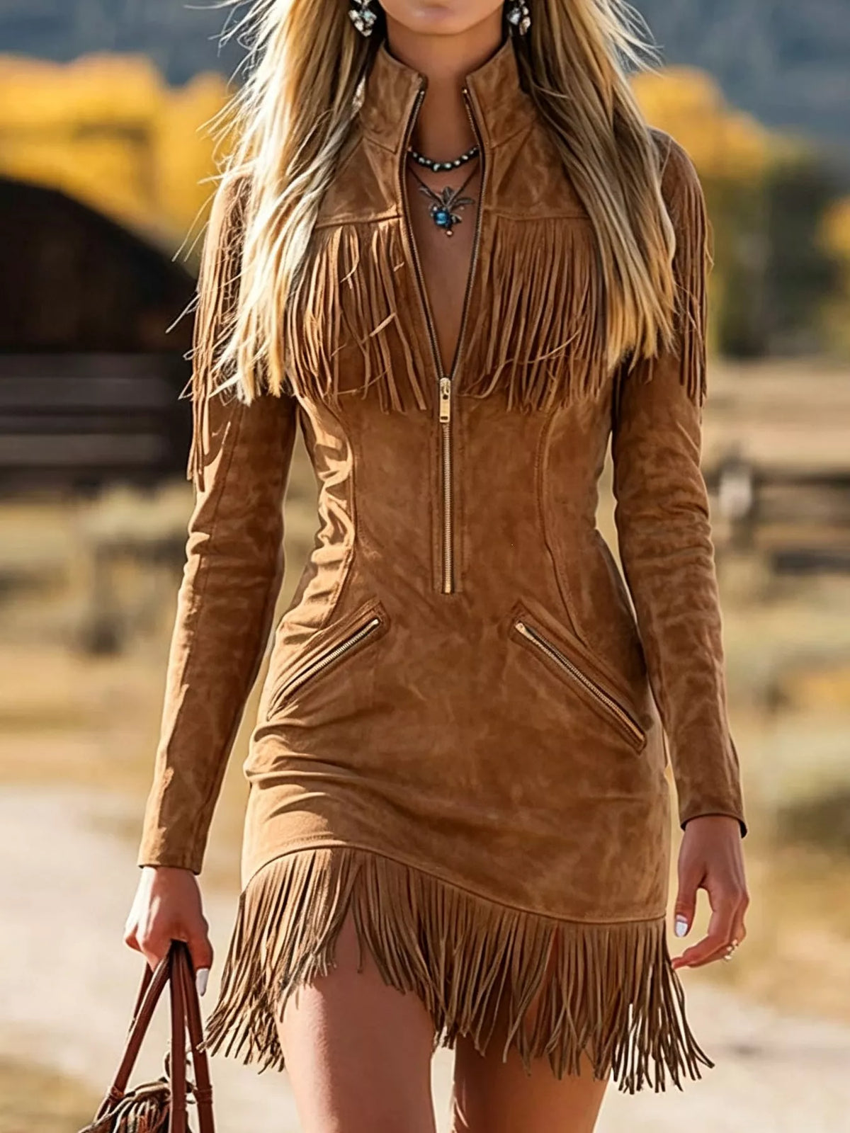 Fringed Zip-Front Mini Dress - Draped in Grace
