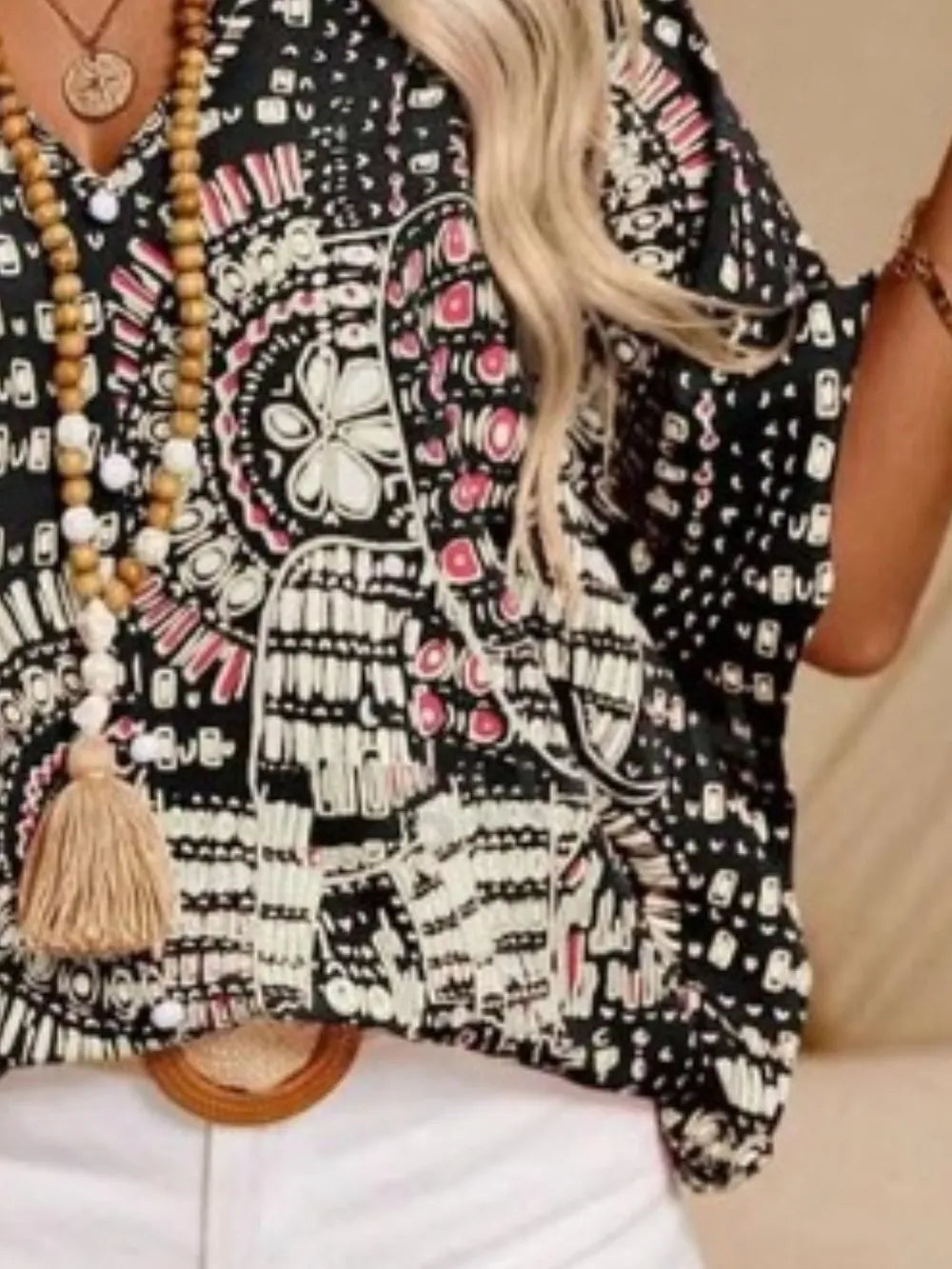 Printed V-Neck Half Sleeve Top - Draped in Grace