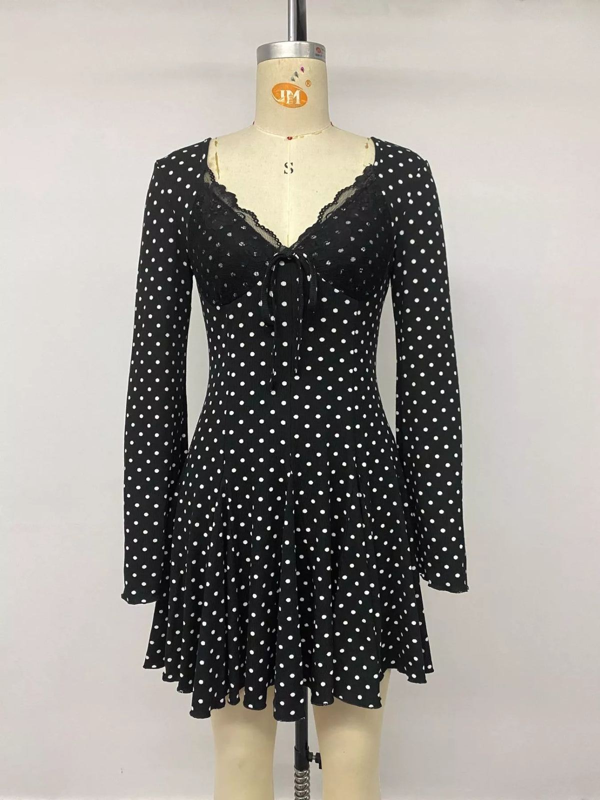 Polka Dot Lace Trimmed V-Neck Mini Dress - Draped in Grace