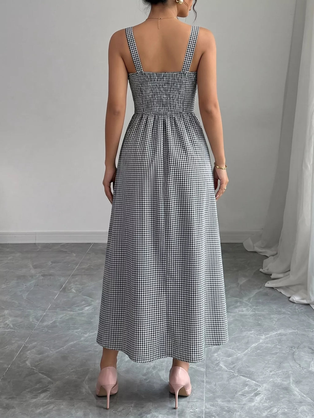 Square Neck Gingham Midi Dress - Draped in Grace
