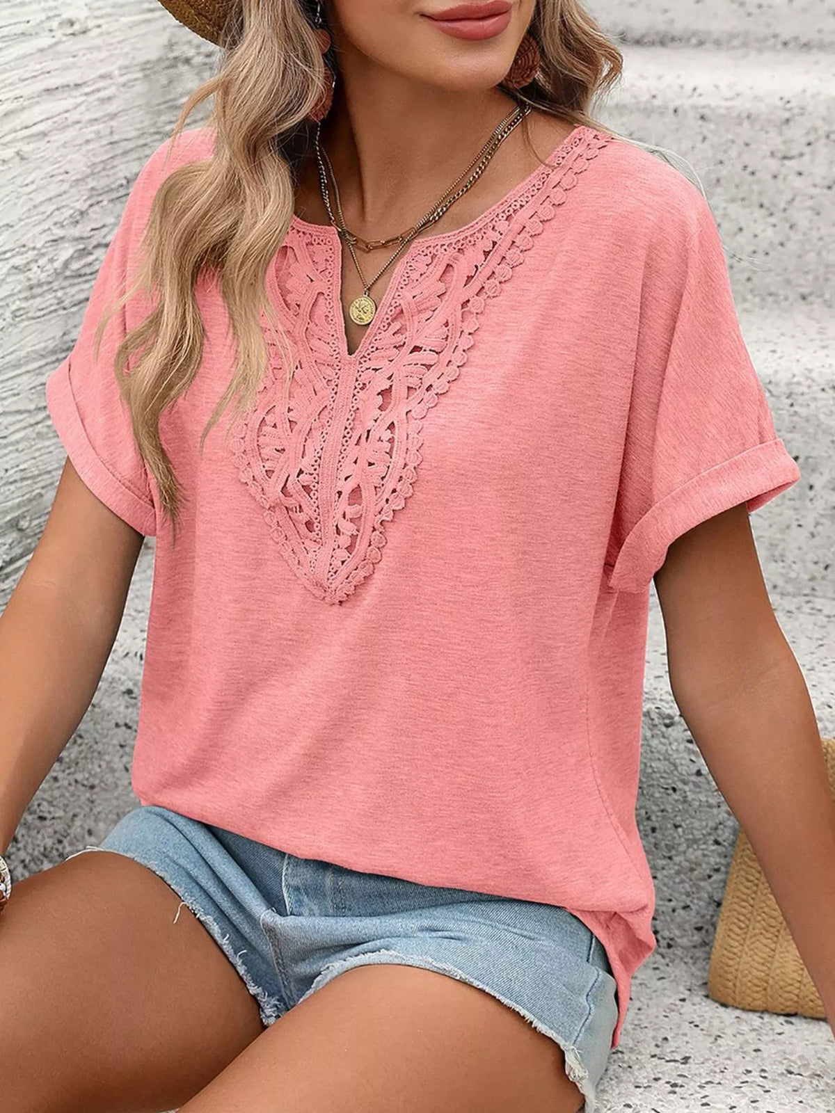 Lace Trim Short Sleeve T-Shirt - Draped in Grace