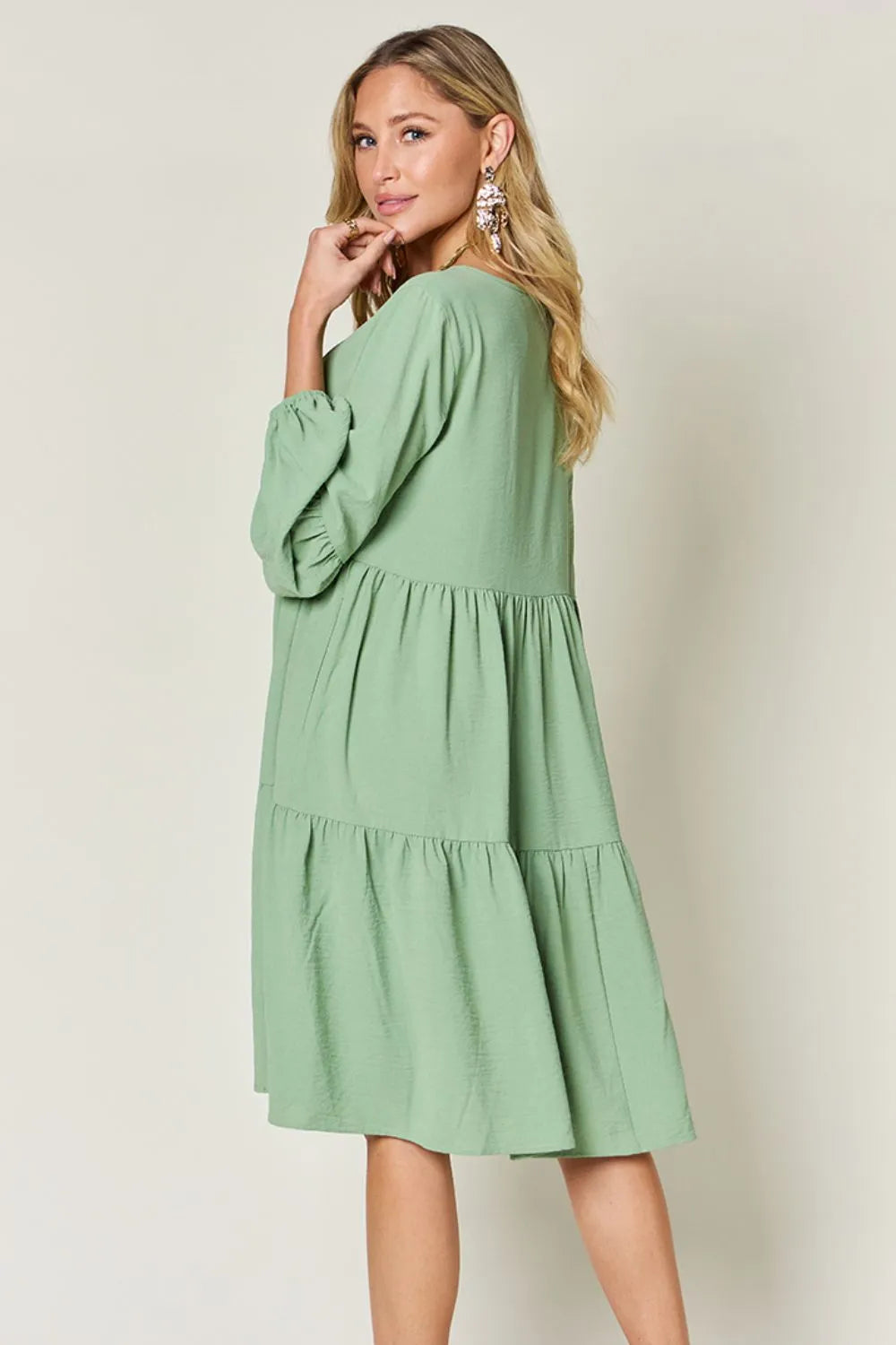 Double Take Full Size V-Neck Balloon Sleeve Tiered Dress with Pockets - Draped in Grace