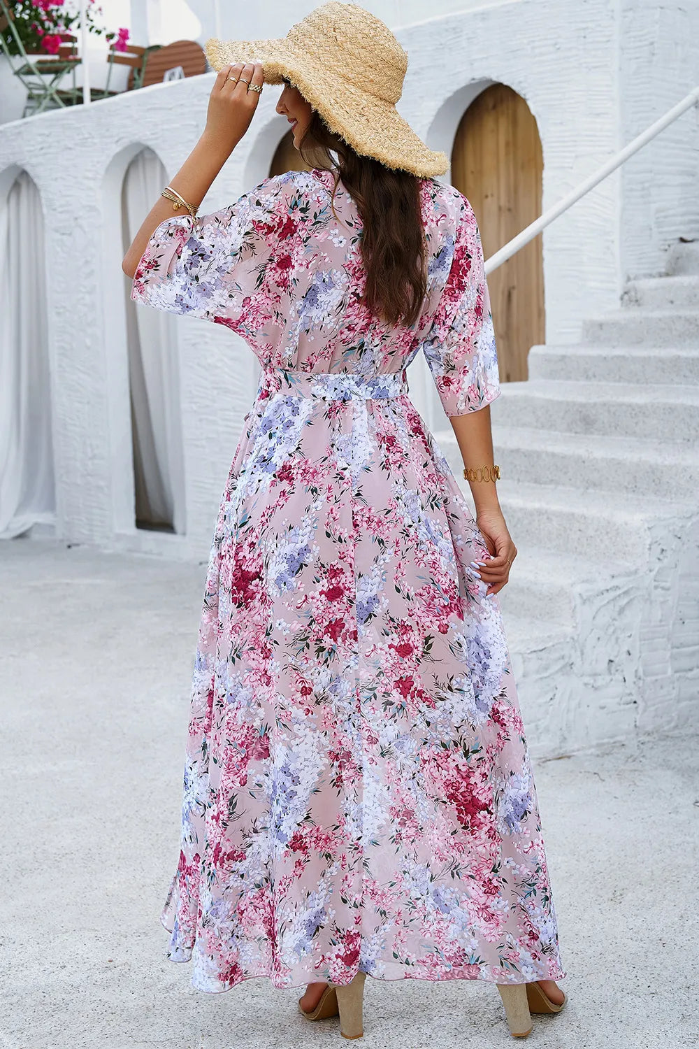Devine Printed Tied Half Sleeve Slit Dress - Draped in Grace
