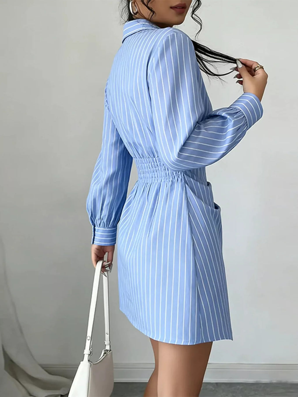 Full Size Striped Long Sleeve Shirt Dress Plus Size - Draped in Grace