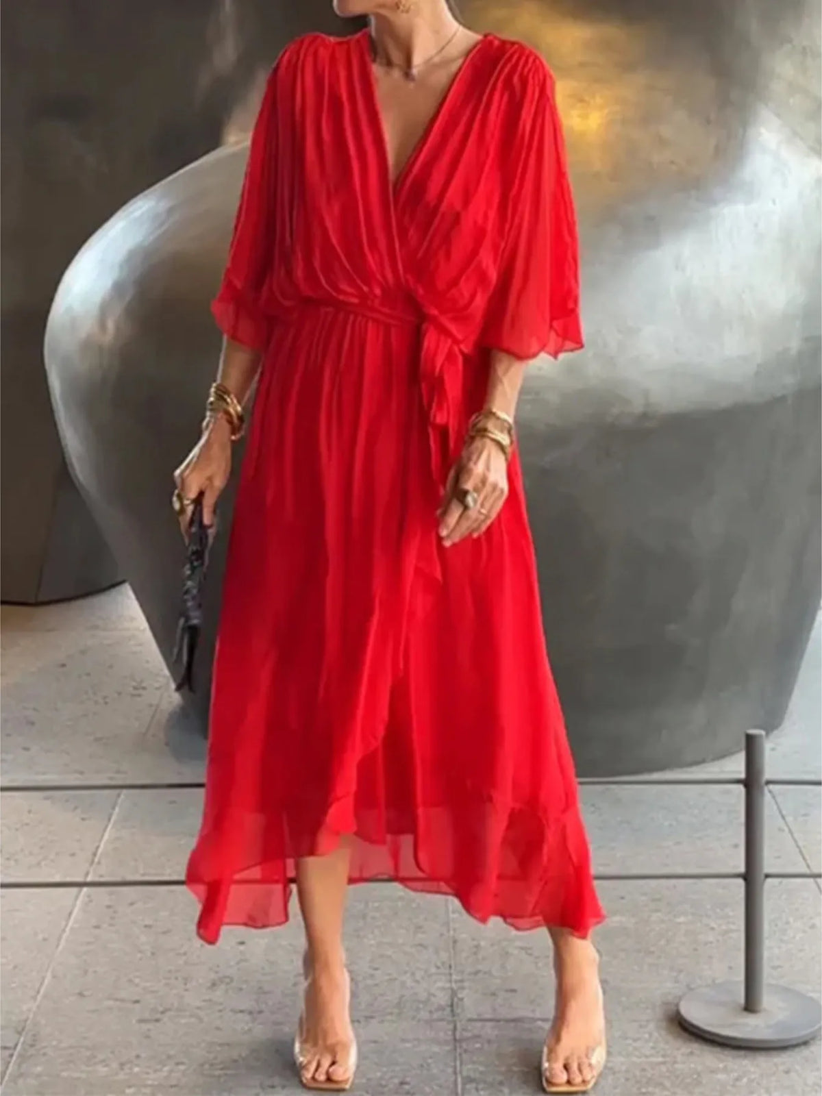 Full Size Flowy Tie Front Midi Dress with Flutter Sleeves Plus Size - Draped in Grace