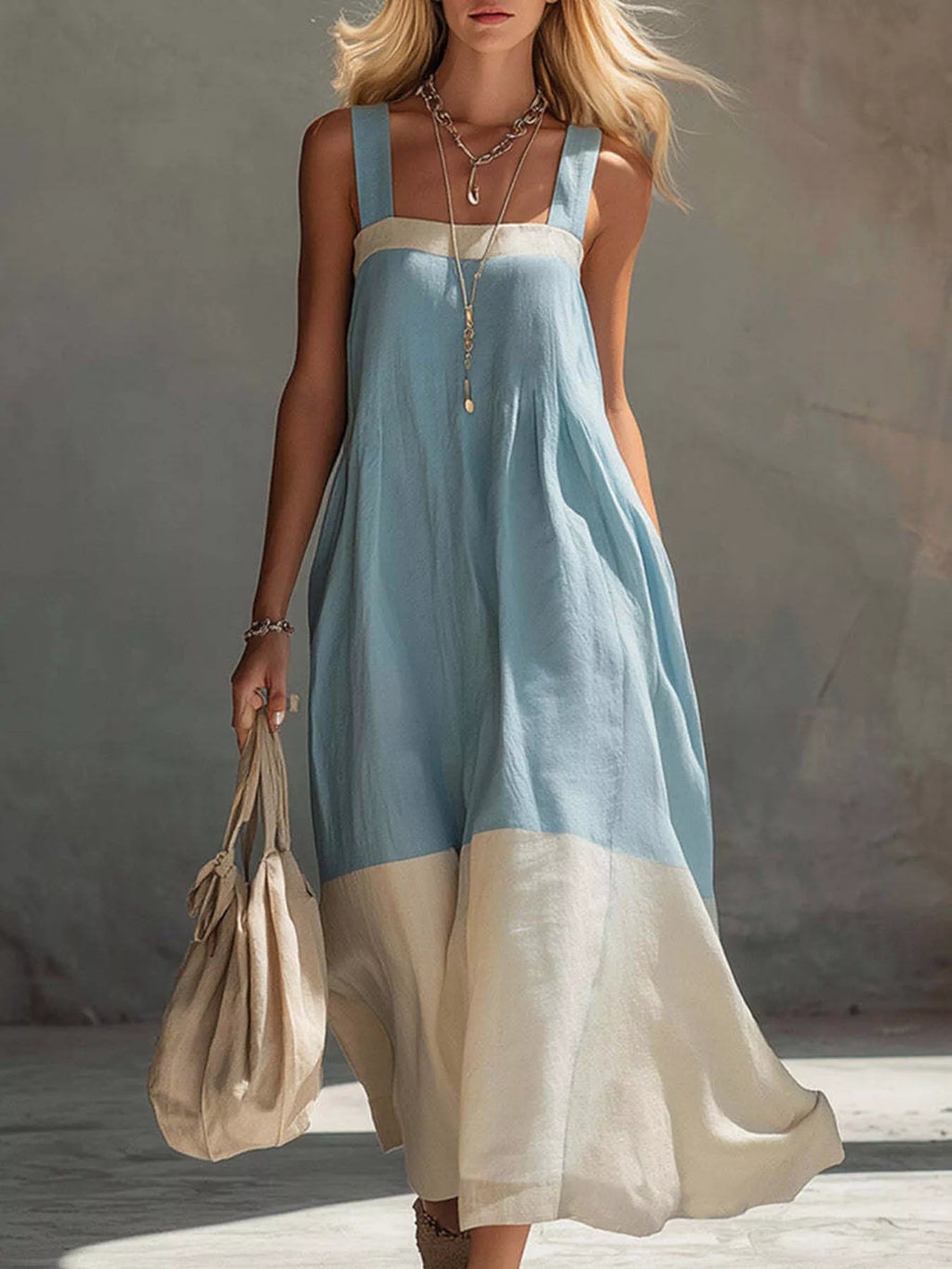 Color-Block Sleeveless Linen-Blend Midi Dress - Draped in Grace