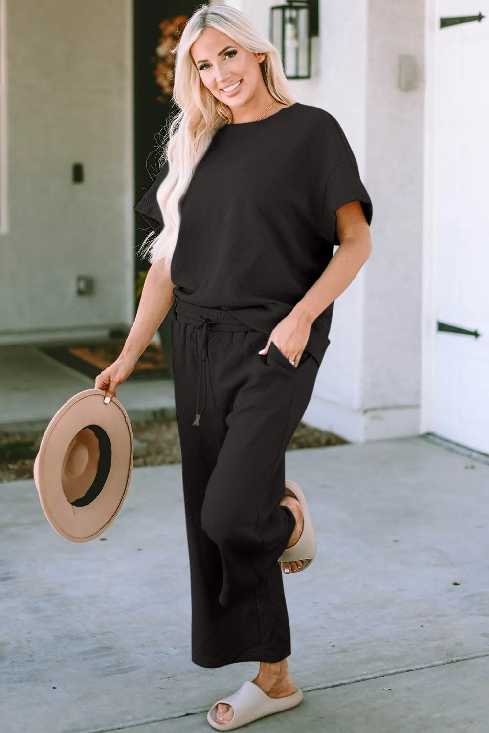 Double Take Full Size Texture Short Sleeve Top and Pants Set - Draped in Grace