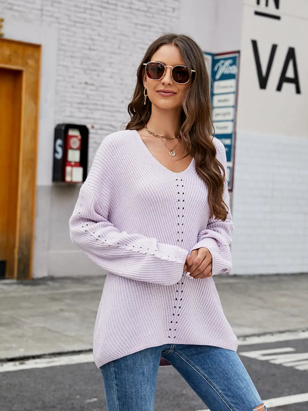 Openwork Dropped Shoulder Long Sleeve Sweater - Draped in Grace