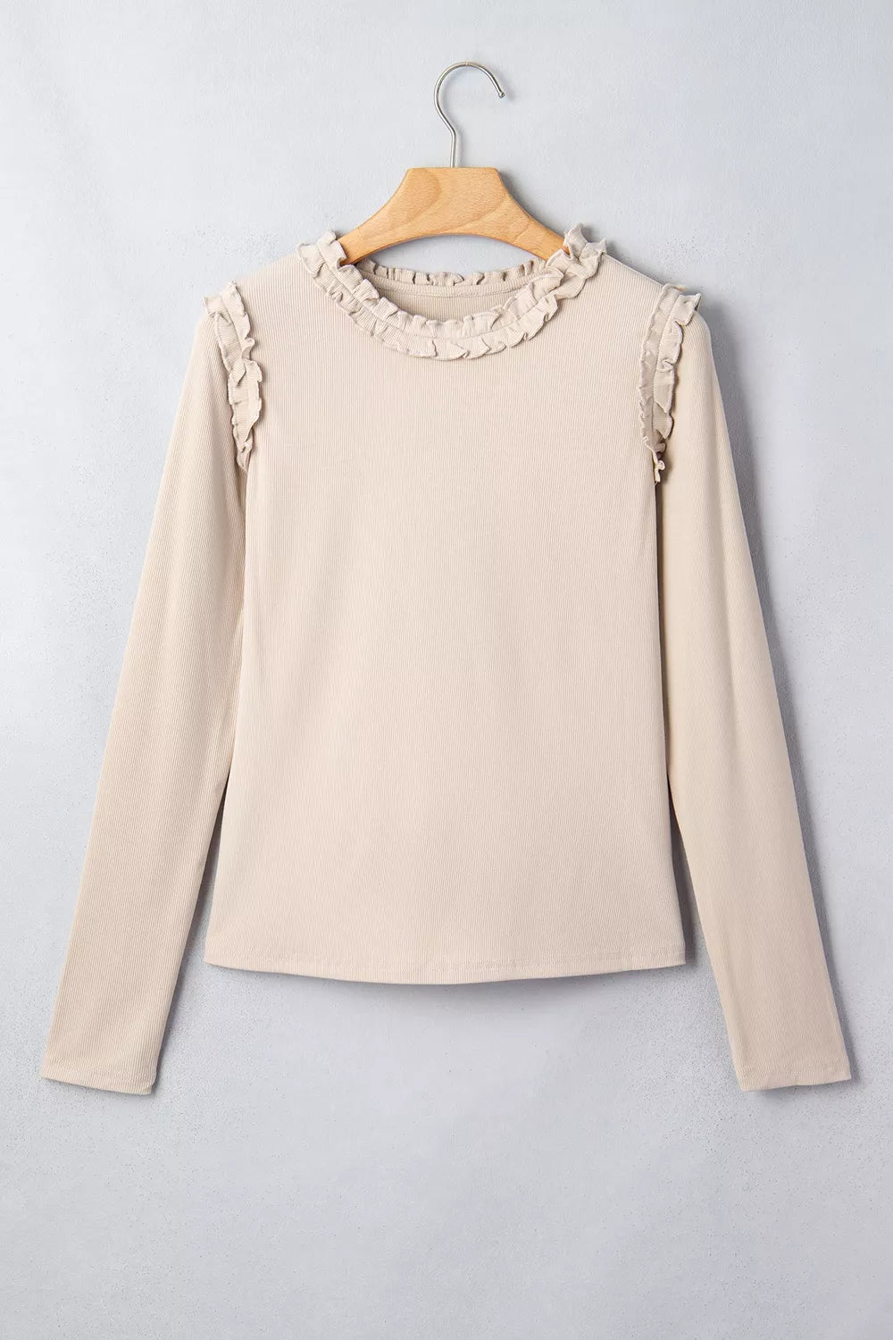 Solid Color Round Neck Frill Detail Long Sleeve Top - Draped in Grace