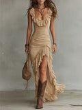 Retro Bohemian V-neck Sleeveless Flounce Slit Maxi Dress - Draped in Grace