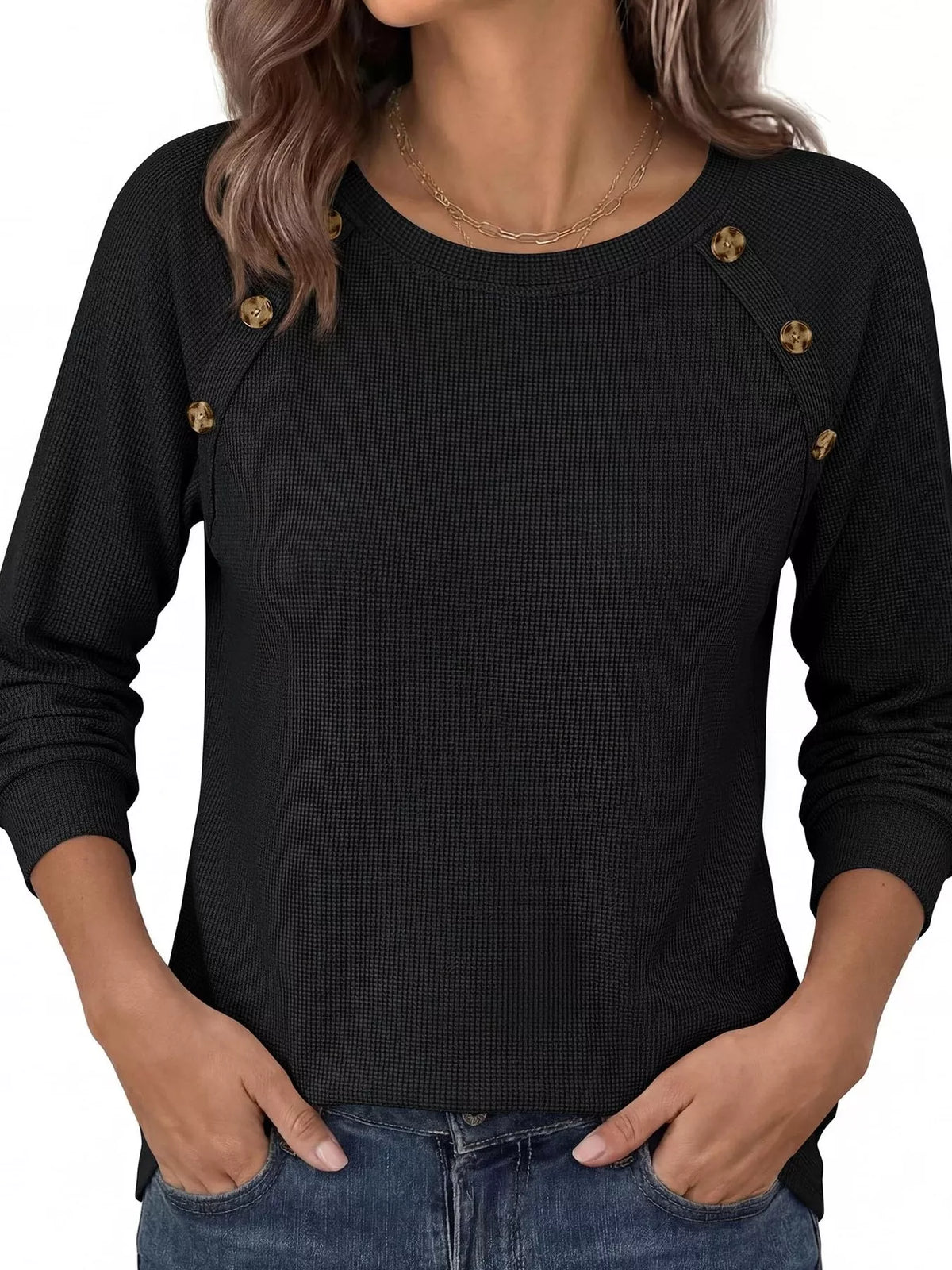Decorative Button Waffle Knit Long Sleeve T-Shirt - Draped in Grace