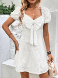 Perfee Bow Detail Eyelet Puff Sleeve Dress - Draped in Grace