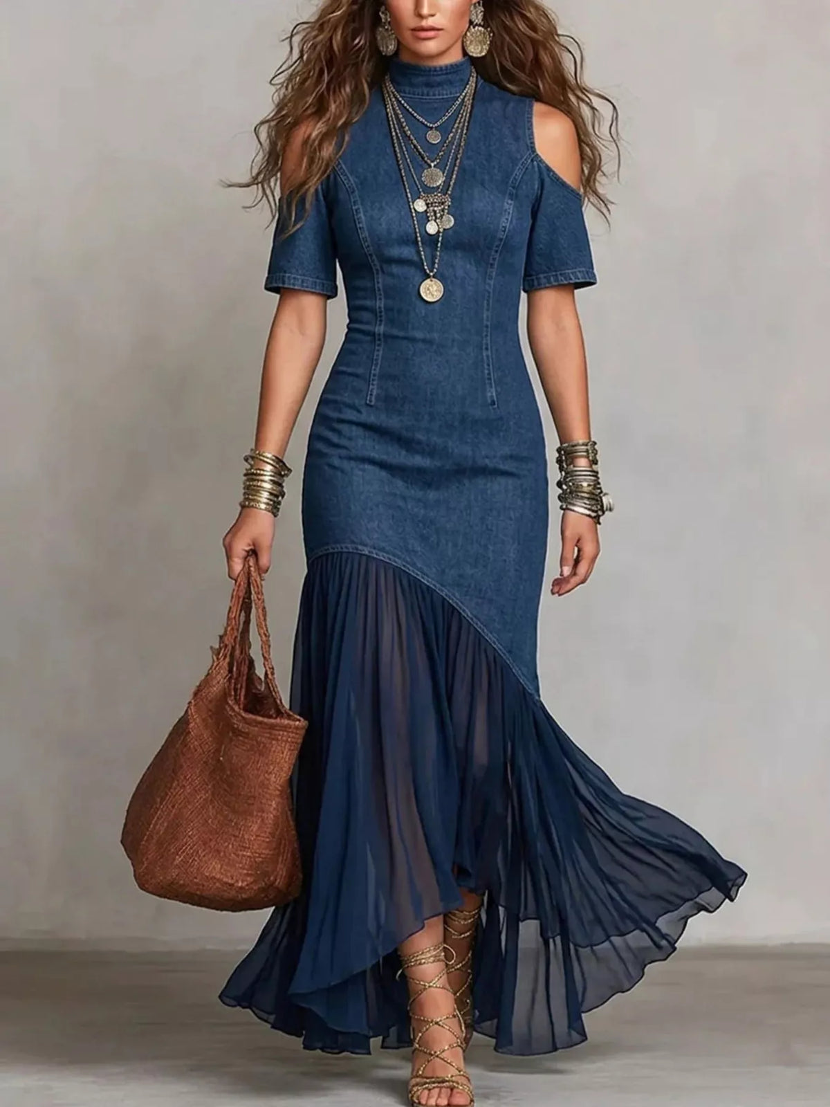 Cold Shoulder Ruffle Hem Maxi Dress - Draped in Grace