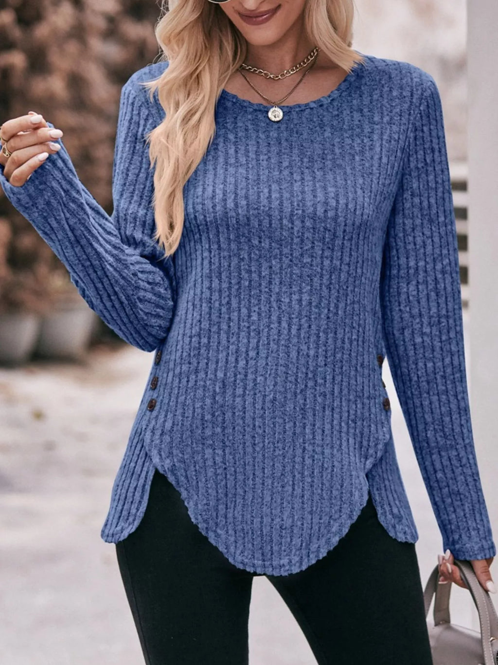 Ribbed Knit Long Sleeve T-Shirt - Draped in Grace