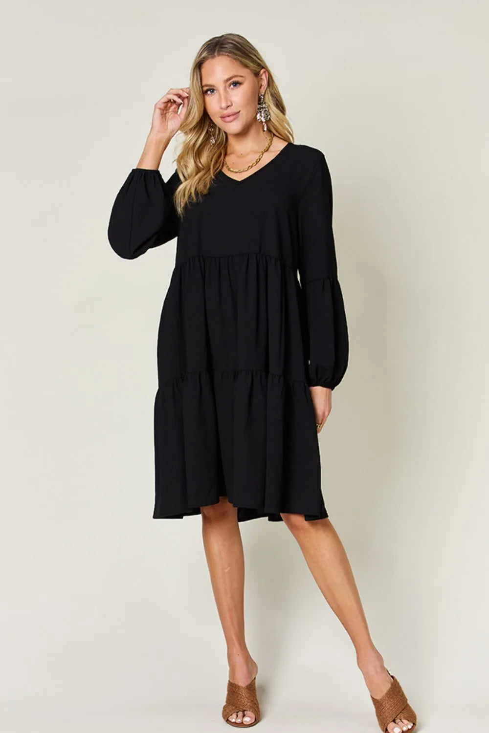Double Take Full Size V-Neck Balloon Sleeve Tiered Dress with Pockets - Draped in Grace