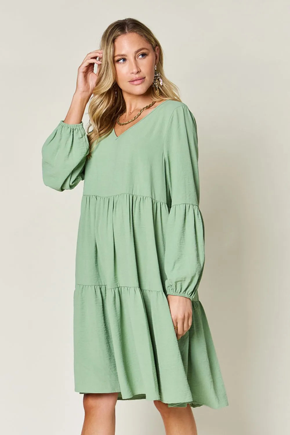 Double Take Full Size V-Neck Balloon Sleeve Tiered Dress with Pockets - Draped in Grace