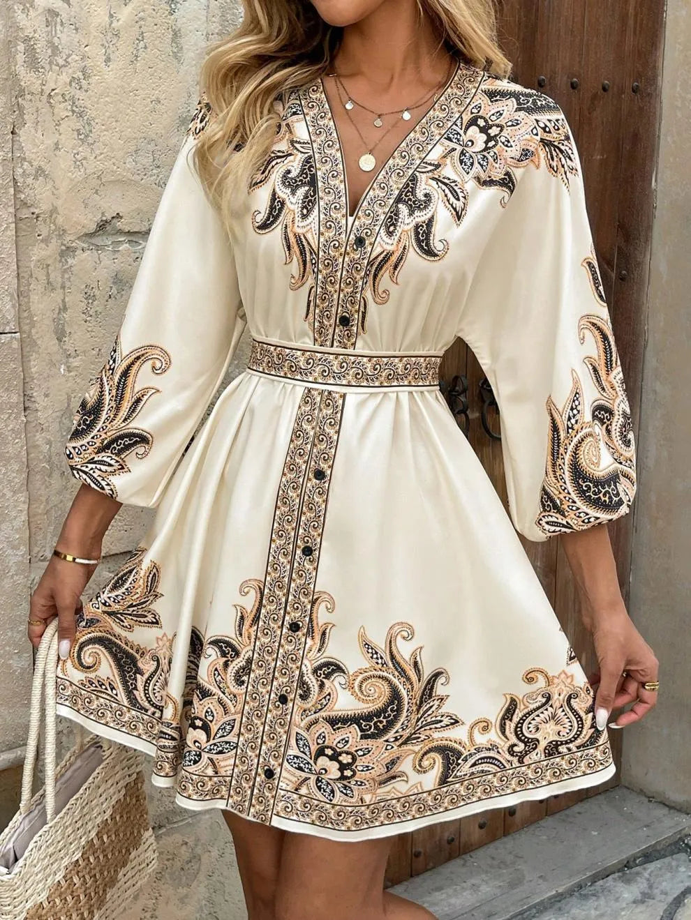 Paisley V-Neck 3/4 Sleeve Mini Dress - Draped in Grace