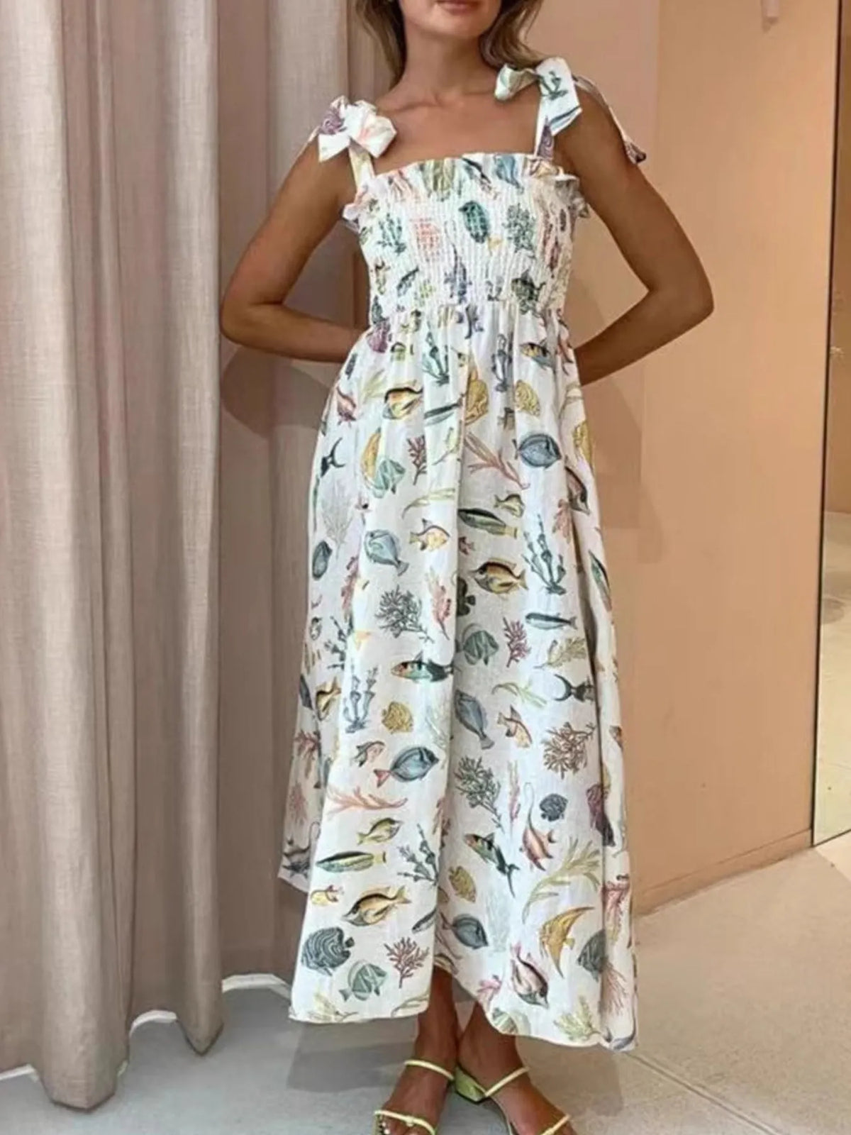 Floral Tie Shoulder Smocked Bodice Summer Dress - Draped in Grace