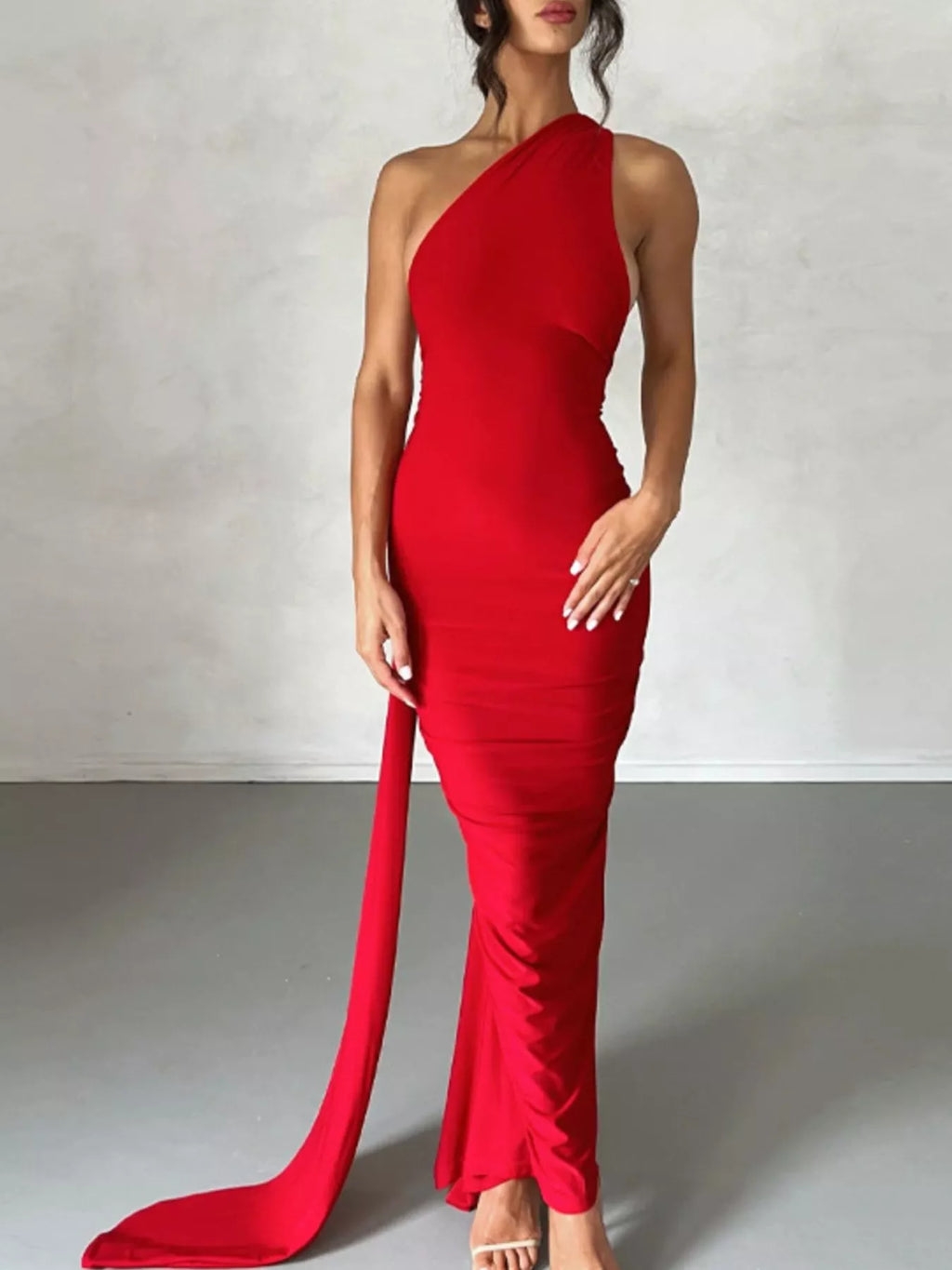 Backless One-Shoulder Ruched Bodycon Maxi Dress - Draped in Grace