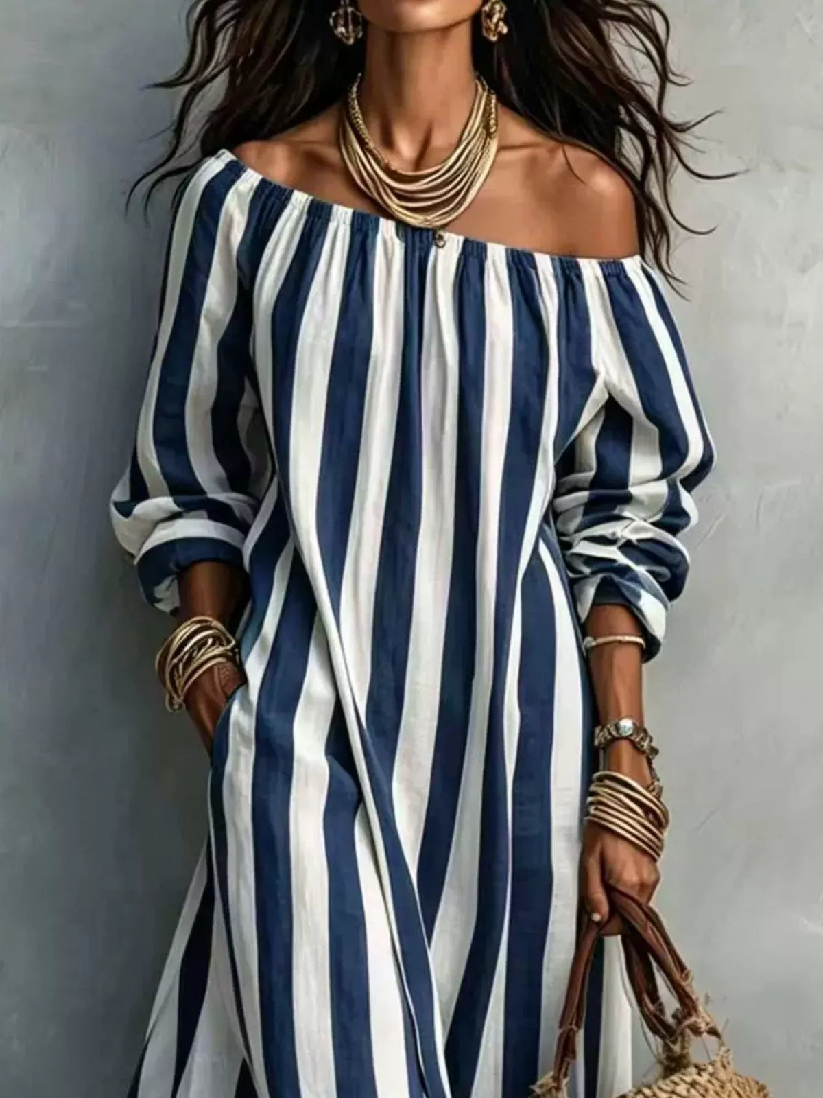 Off-Shoulder Striped Dress with Pockets - Draped in Grace